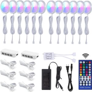 Under Cabinet Lights, RGBW Ultra Slim Puck Lighting Kit 12 Pack, Dimmable Counter Showcase Kitchen Lighting Fixtures, Puck Lights with Remote and 12V Plug in Adapter