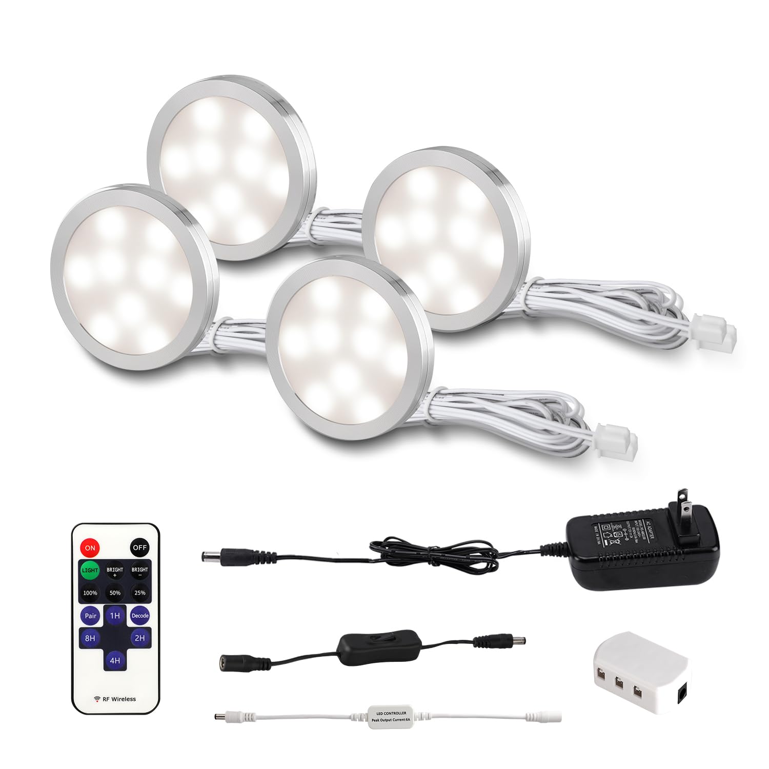 4 Pack LED Puck Lights with Remote, Under Cabinet Kitchen Lights Plug in, Dimmable Under Counter Light Fixtures, Wired Puck Lights for Closet, Shelf, Display(4000K, Natural White)