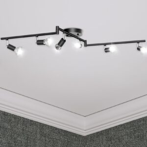 6 Light Track Lighting Kit, 6 Way Adjustable Black Modern Ceiling Spotlights,Foldable Arms Ceiling Lights Kits for Bedroom, Kitchen and Living Room,GU10 Base Bulbs not Include