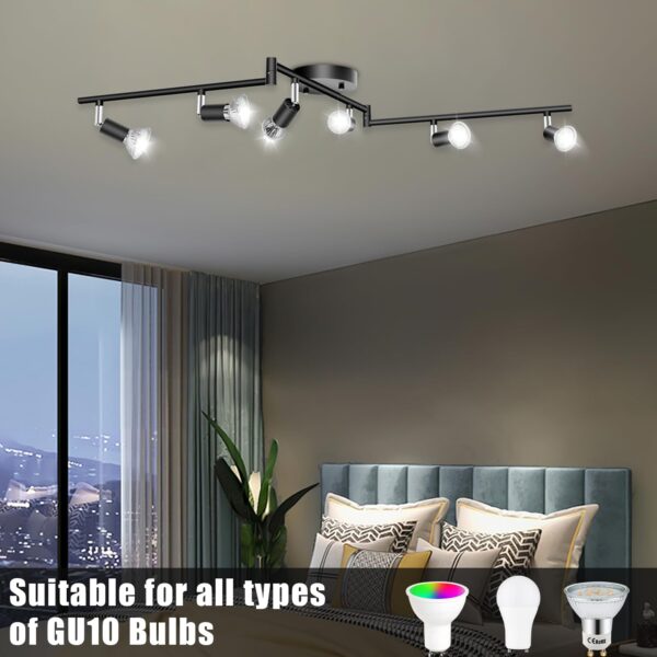 6 Light Track Lighting Kit, 6 Way Adjustable Black Modern Ceiling Spotlights,Foldable Arms Ceiling Lights Kits for Bedroom, Kitchen and Living Room,GU10 Base Bulbs not Include - Image 2