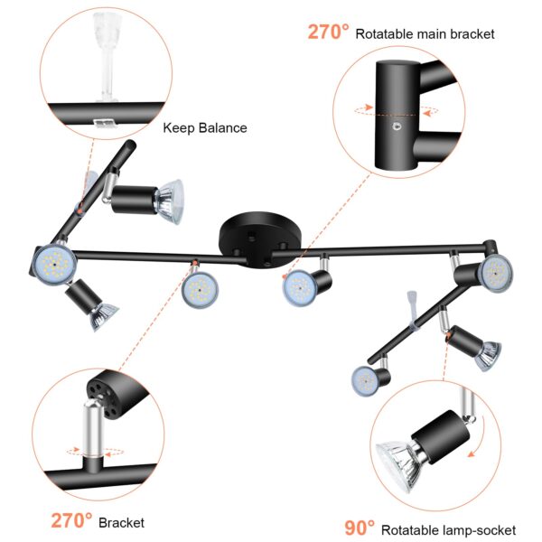LED Light Track Lighting Kit,8 Way Adjustable Modern Ceiling Spotlights,Rotatable GU10 Light Head,Swing arm Ceiling Light Fixture for Kitchen Bedroom Living Room(Bulbs is not Included) - Image 3