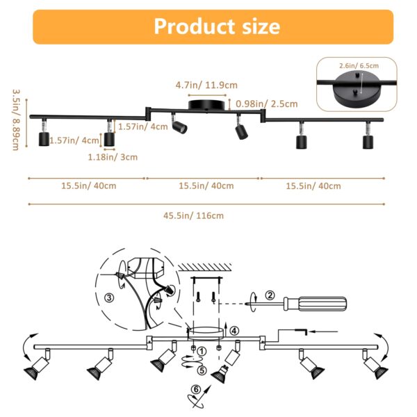 6 Light Track Lighting Kit, 6 Way Adjustable Black Modern Ceiling Spotlights,Foldable Arms Ceiling Lights Kits for Bedroom, Kitchen and Living Room,GU10 Base Bulbs not Include - Image 3
