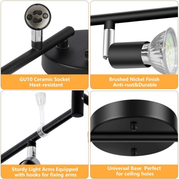 6 Light Track Lighting Kit, 6 Way Adjustable Black Modern Ceiling Spotlights,Foldable Arms Ceiling Lights Kits for Bedroom, Kitchen and Living Room,GU10 Base Bulbs not Include - Image 4