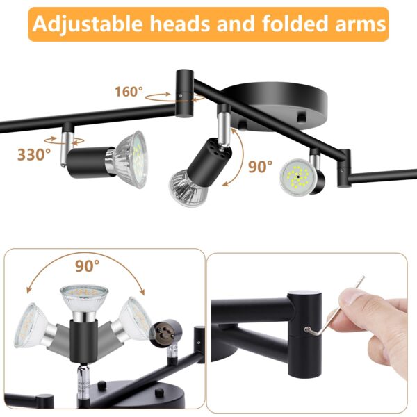 6 Light Track Lighting Kit, 6 Way Adjustable Black Modern Ceiling Spotlights,Foldable Arms Ceiling Lights Kits for Bedroom, Kitchen and Living Room,GU10 Base Bulbs not Include - Image 5