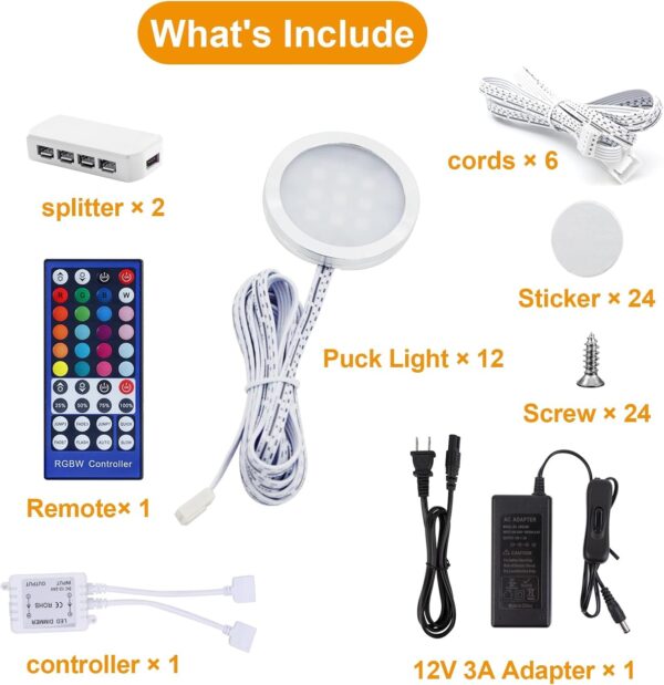 Under Cabinet Lights, RGBW Ultra Slim Puck Lighting Kit 12 Pack, Dimmable Counter Showcase Kitchen Lighting Fixtures, Puck Lights with Remote and 12V Plug in Adapter - Image 2